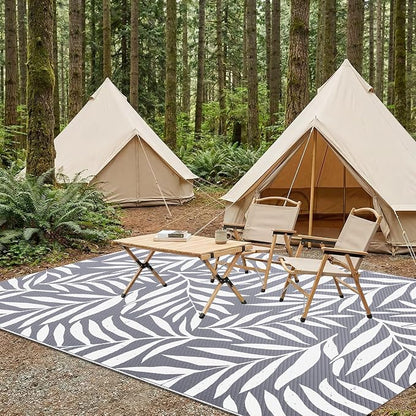 Smiry Outdoor Rug 5x8 ft, Waterproof Reversible Plastic Straw Rugs, Outdoor Area Rug with Leaf Pattern, Outside Floor Mat for Patio, Backyard, Deck, Picnic, Beach, Camping, Grey & White