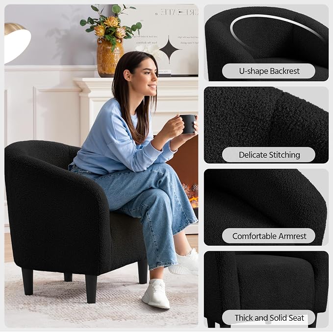 Topeakmart Barrel Chair, Soft Sherpa Accent Chair Side Chair Club Chair Modern Style Deep Seating Barrel Armchair for Living Room Furniture Reading Room Bedroom, Black