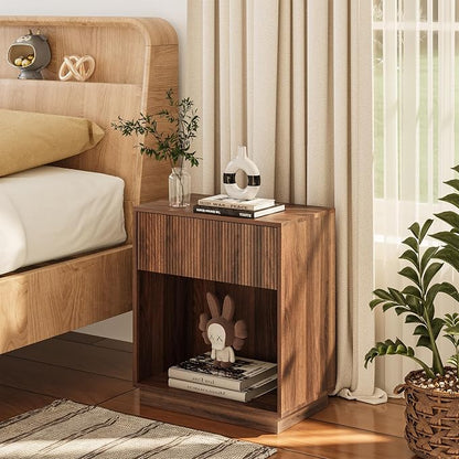 Fluted Nightstands Set of 2, Modern Bedside Table with Drawer and Storage Shelf, Wood End Table Mid Century Night Stands for Bedroom Living Room Sofa Couch Office (Walnut)