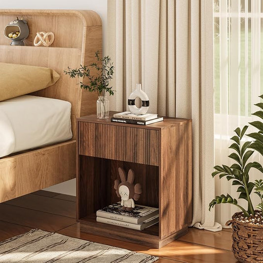 Fluted Nightstands Set of 2, Modern Bedside Table with Drawer and Storage Shelf, Wood End Table Mid Century Night Stands for Bedroom Living Room Sofa Couch Office (Walnut)