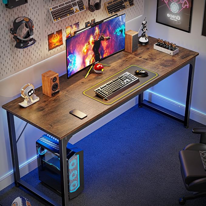 Huuger Computer Desk, 63 Inch Office Desk, Gaming Desk with Storage, Writing Desk Work Desk for Home Office, Study, Modern Simple Desk, Large Legroom, Metal Frame, Rustic Brown