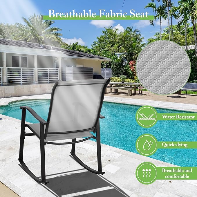 Shintenchi 3 Piece Rocking Bistro Set, Outdoor Furniture with Rocker Chairs and Glass Coffee Table Set of 3, Balcony, Porch Furniture for Small Space, Light Gray