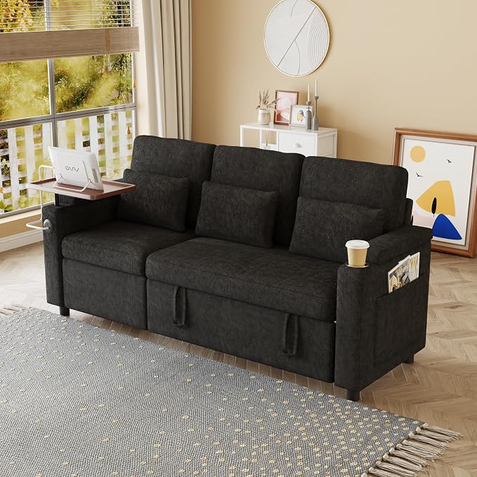 83" Recliner Sofa Bed, 3-in-1 Chenille Sleeper Sofa, Pull Out Couch with Adjustable Backrest, USB, Side Pocket, Table, Cup Holder, Cloud Couch for Living Room, Apartment, Small Space, Black