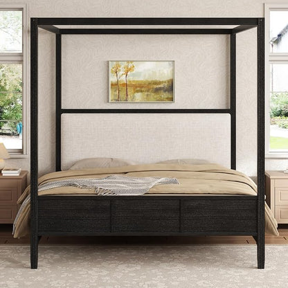 Merax Queen Size Canopy Bed with Upholstered Headboard, Wooden Platform Bed Frame with 4-Posters, Solid Wood Slat Support, No Box Spring Needed