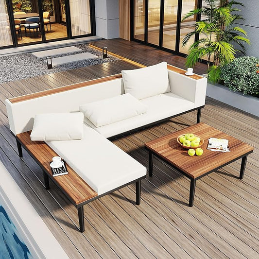 VilroCaz Luxury Outdoor Patio Furniture Set, L-Shaped Acacia Wood Sectional Sofa with Side Table, All-Weather Conversation Set with Removable Cushions and Coffee Table for Backyard Porch (Beige-4.20)