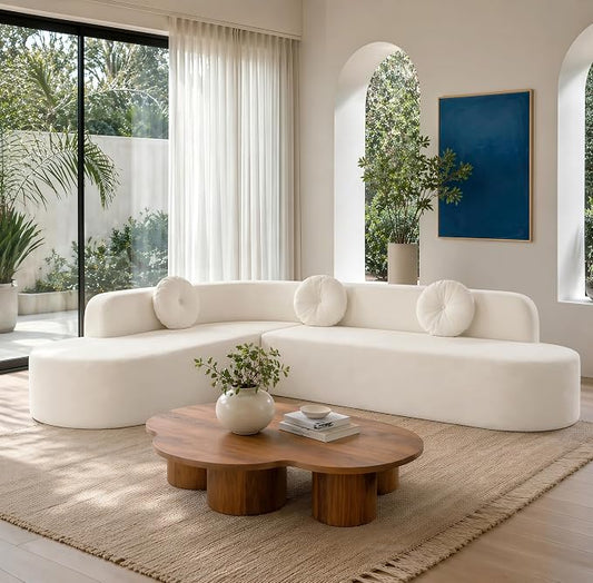 122'' Sectional Sofa,Extra Large Sofa with Soft Fabric Upholstery, Elegant Curved Design with Three Round Cushions, High-Resilience Foam for Ultimate Comfort,Beige