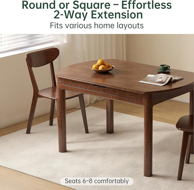 YESWOOD 33.5''-51.2'' Extendable Round Dining Table for 4-8, 100% Solid Oak Expandable Kitchen Table with Removable Leaves, Modern Wood Space Saving Dinner Table for Dining Room, Living Room, Walnut