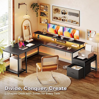 PRAISUN 66" L Shaped Gaming Desk with LED Lights & Power Outlets, Computer Desk with Fabric Drawers and Print Stand, Corner Office Desk, Monitor Stand, Mesh CPU Stand, Carbon Fiber Black