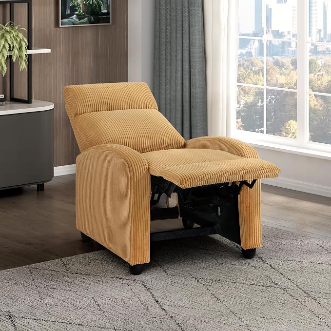 Lexicon Corduroy Pushback Recliner Chair Armchair Push Back Recliner, Solid Wood Frame and Metal Base, Easy Assembly Small Soft Single Sofa Accent Chair for Living Room/Office/Apartment, Yellow