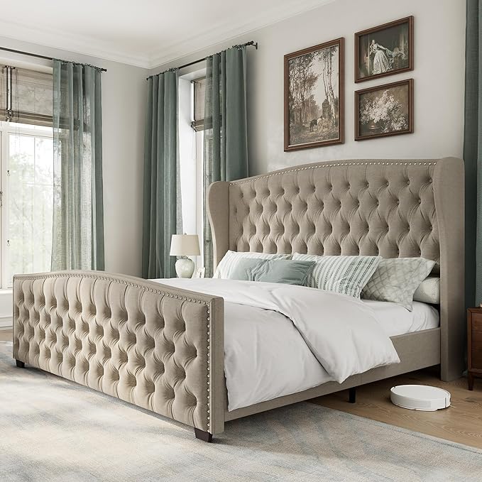 AMERLIFE King Size Platform Bed Frame, Linen Upholstered Bed with Deep Button Tufted & Nailhead Trim Wingback Headboard/No Box Spring Needed/Beige