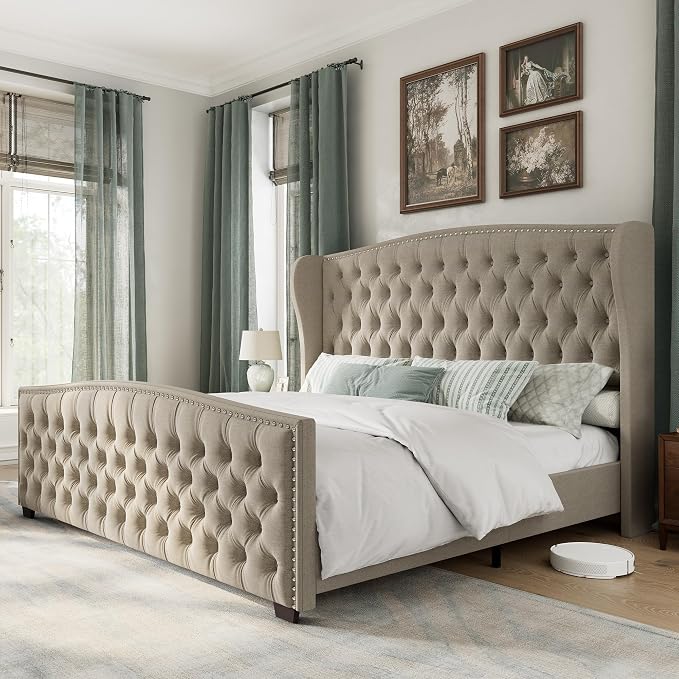 AMERLIFE Queen Size Platform Bed Frame, Linen Upholstered Bed with Deep Button Tufted & Nailhead Trim Wingback Headboard/No Box Spring Needed/Beige