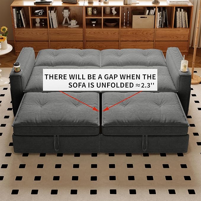 73.2'' Futon Sofa Bed Full Size, Pre-Assembled Pull Out Couch, Adjustable Backrest, Corduroy Convertible Sleeper Sofa, 2 Cup Holders, USB, Pockets, Loveseat for Living Room, Apartment, Grey | Soft Material