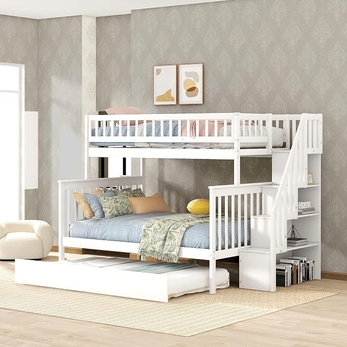 MERITLINE Twin Over Full Bunk Bed with Trundle, Storage Staircase,Solid Wood Bunk Bed with Storage Stairs Box and Guardrail, No Spring Box Needed (White)