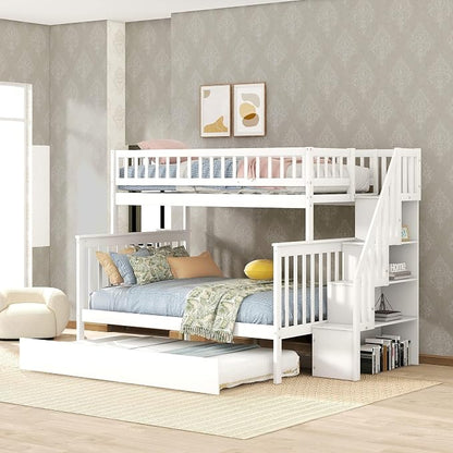 MERITLINE Twin Over Full Bunk Bed with Trundle, Storage Staircase,Solid Wood Bunk Bed with Storage Stairs Box and Guardrail, No Spring Box Needed (White)