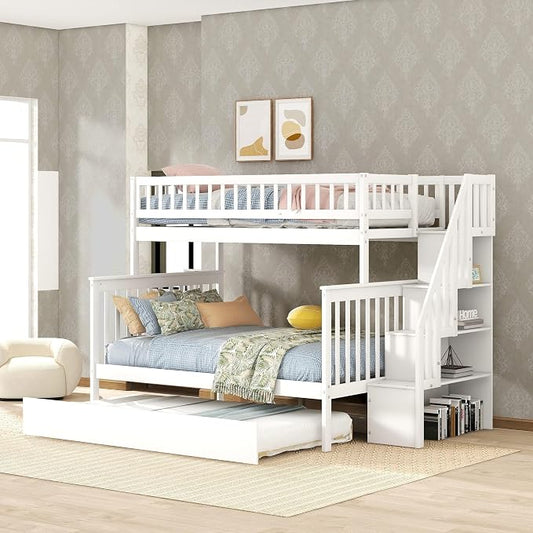 MERITLINE Twin Over Full Bunk Bed with Trundle, Storage Staircase,Solid Wood Bunk Bed with Storage Stairs Box and Guardrail, No Spring Box Needed (White)