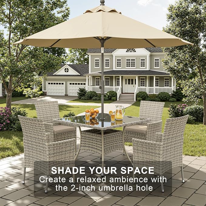 10-Piece Patio Dining Set, Patio Furniture Set with Square Tempered Glass Table & 8 Wicker Chairs, Expandable Design for Larger Groups, Outdoor Furniture for Backyard, Deck, Garden, Beige