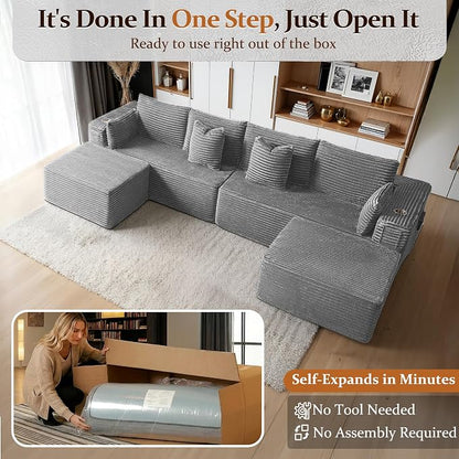 138" Cloud Sectional Couch, Comfort U Shaped Sofa for Living Room, Extra Deep Seats No Assembly, Minimalist Modular Couch, Corduroy (Light Grey, 6 Seats,U-Shape A)
