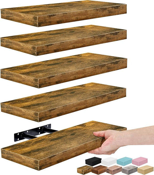 Sorbus Floating Shelves for Wall – 16 Inch Floating Shelf for Kitchen, Bedroom, Living Room, Bathroom, Home & Wall Decor - Mounted Bathroom Shelves with Invisible Brackets (Rustic Brown, 5 Pack)