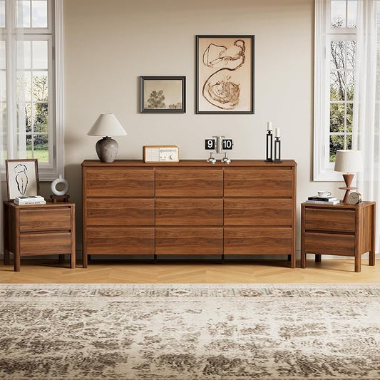 Furniway Walnut Mid-Century Modern 3 Piece Bedroom Furniture Set, 9 Drawer Dresser with Handleless Wood Grain Design and Nightstands Set of 2, Minimalist Storage Dresser for Bedroom