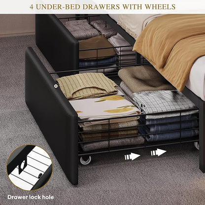 DWVO King Size Bed Frame with RGB LED Lights & Storage Bookcase Headboard, Upholstered Bed with Charging Station and 4 Drawers, No Box Spring Needed, Easy Assembly, Noise-Free, PU Leather Black