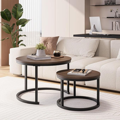 HOJINLINERO Round Coffee Table,Nesting Coffee Table Set of 2,Center Tables for Living Room,Office, Home Small Space,Stacking Side Tables,Sturdy and Easy Assembly,Wood Desktop,Walnut+Black,Large