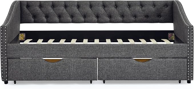 KEIKI Twin Size Upholstery Daybed with 2 Drawers and Headboard, Mid-Century Style Tufted Sofa Bed with Button on Back, Easy Assembly, No Box Spring Required, for Living Room and Bedroom, Dark Grey
