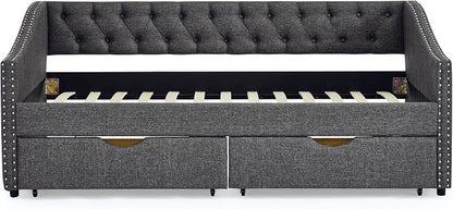 KEIKI Twin Size Upholstery Daybed with 2 Drawers and Headboard, Mid-Century Style Tufted Sofa Bed with Button on Back, Easy Assembly, No Box Spring Required, for Living Room and Bedroom, Dark Grey
