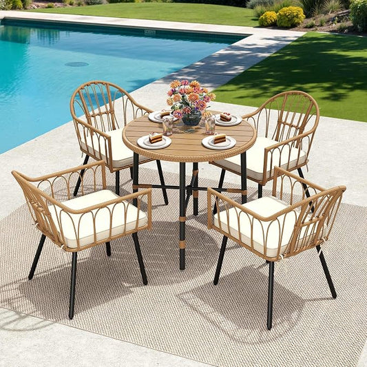 YITAHOME Patio Dining Set with Umbrella Hole for 4, Wicker 5pcs Outdoor Dining Set, Rattan Patio Dining Furniture Sets, Outdoor Table and Chairs Set for Patio Backyard Balcony Garden