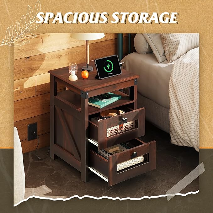 WLIVE Nightstand with Charging Station, Farmhouse End Table, Bed Side Table with 2 Storage Drawers and Open Shelf, Wood Rustic Nightstands for Bedroom, Espresso