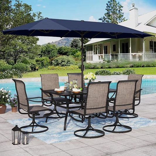 Sophia & William Patio Set with Umbrella 8 Pieces Outdoor Dining Set for 6 with 13ft Double-Sided Umbrella Navy Blue, 6 x Swivel Patio Chairs, 1 Metal Table for Lawn Garden (No Umbrella Base)