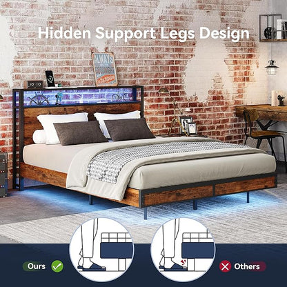 BedsPick Full Size Bed Frame with 2-Tier Storage Headboard, Metal Platform Bed Frame Full with Smart LED Lights & USB Charging Station, Noise-Free/Metal Support/No Box Spring Needed, Brown