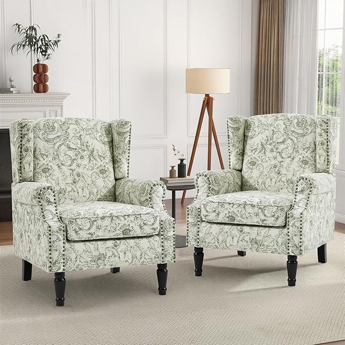 High Back Accent Chair, Fabric Upholstered Armchair for Living Room, Floral Printed Wingback Arm Chair with Solid Wood Legs, Retro Nailhead Trim Single Sofa Bedroom Reading Seat - Rococo Green