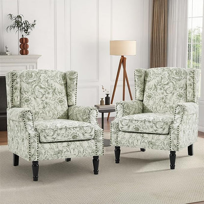 High Back Accent Chair, Fabric Upholstered Armchair for Living Room, Floral Printed Wingback Arm Chair with Solid Wood Legs, Retro Nailhead Trim Single Sofa Bedroom Reading Seat - Rococo Green