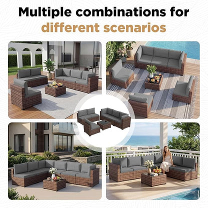 LHBcraft 7 Pieces Outdoor Wicker Rattan Patio Furniture, Wicker Rattan Outdoor Sectional Sofa Set with Coffee Table & Grey Cushions for Garden