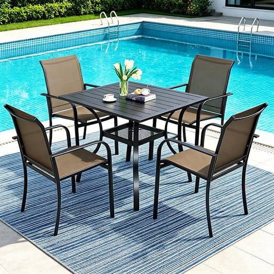 SUNCROWN 5 Pieces Outdoor Dining Set, Patio Furniture Set with 4 x Textilene Dinning Chairs and 1 Steel Slat Metal Bistro Table for Lawn Garden Backyard Deck - Brown