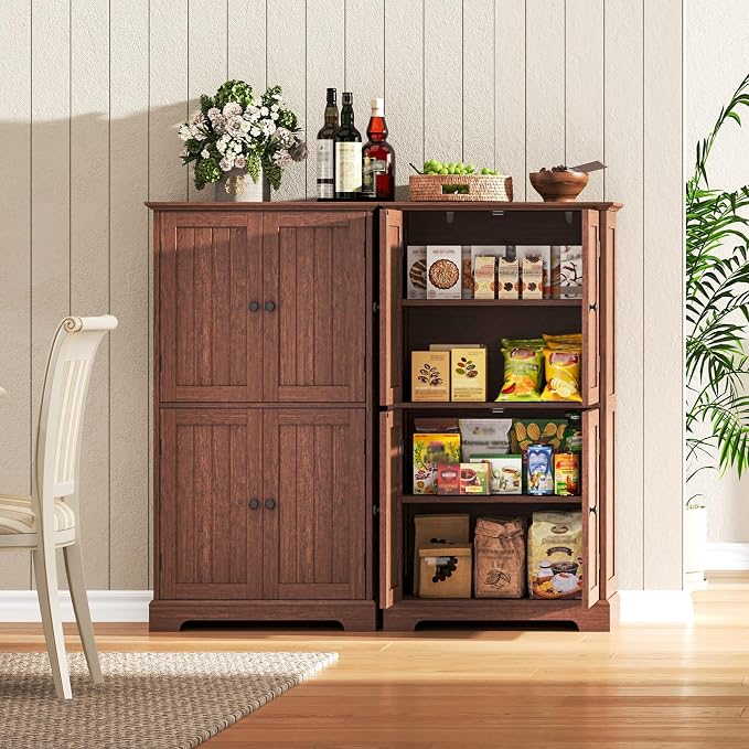 ChooChoo Bathroom Floor Cabinet, Farmhouse Bathroom Storage Cabinet with 4 Doors and Adjustable Shelves, Pantry Cabinet for Living Room, Kitchen, Walnut