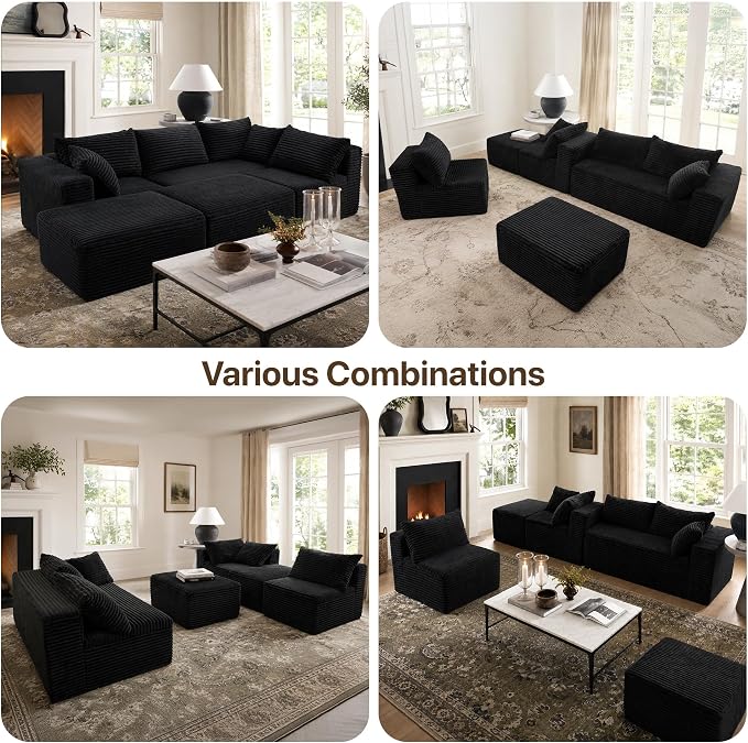 Claiks 132" Boneless Couch, Cloud Couch Sectional, U-Shape Corduroy Modular Sectional Sofa Deep Seat, Upholstered Couches for Living Room, No Assembly Required, Black