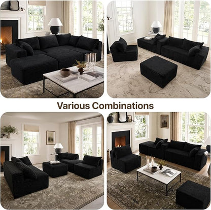 Claiks 132" Boneless Couch, Cloud Couch Sectional, U-Shape Corduroy Modular Sectional Sofa Deep Seat, Upholstered Couches for Living Room, No Assembly Required, Black