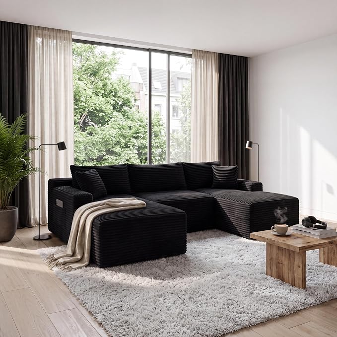 106-Inch Oversized U-Shaped Left Facing Corner Compressed Sofa Modular Boneless Cloud Sectional Sofa Floor Foam Couch W/Chaise & Ottoman, Corduroy Corner Boneless Cloud Couch