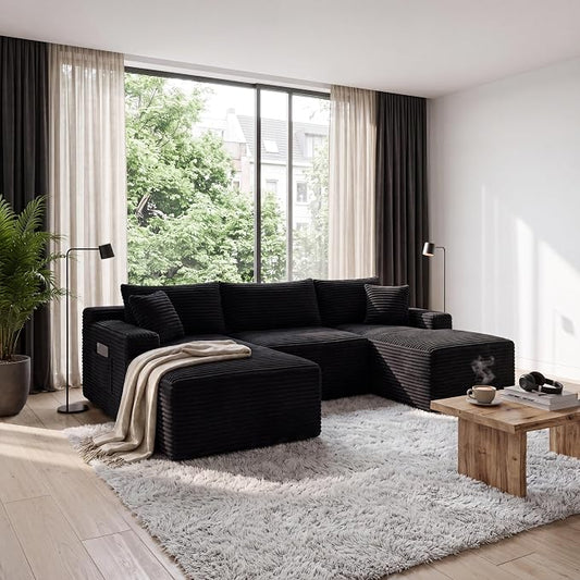 106-Inch Oversized U-Shaped Left Facing Corner Compressed Sofa Modular Boneless Cloud Sectional Sofa Floor Foam Couch W/Chaise & Ottoman, Corduroy Corner Boneless Cloud Couch