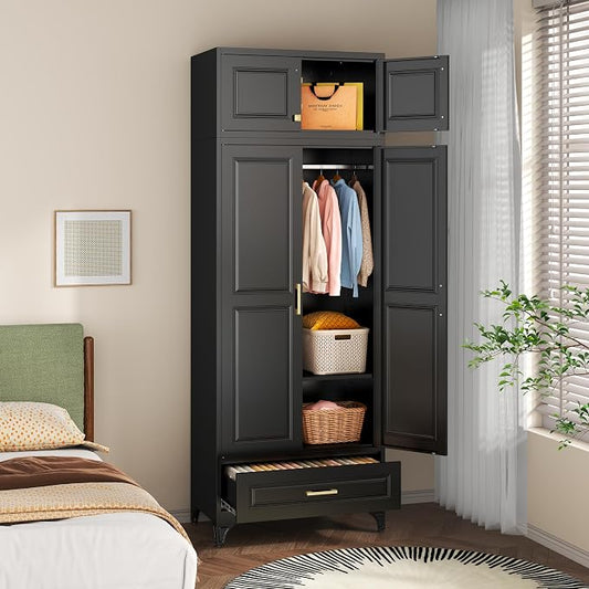 SteeLoong 86" Metal Armoire Wardrobe Closet with Drawers,Tall Clothing Storage Cabinet with Adjustable Shelves and Hanging Rod,Black Wardrobe Closet for Bedroom,Home,Bathroom,Gym
