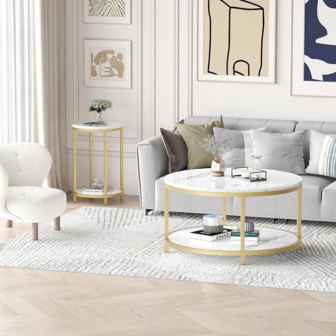 WiberWi Round Side Table, Modern Nightstand End Table with Gold Metal Frame &Faux Marble Top, Accent Bedside Table for Living Room Bedroom Small Spaces with Storage Open Shelf, White