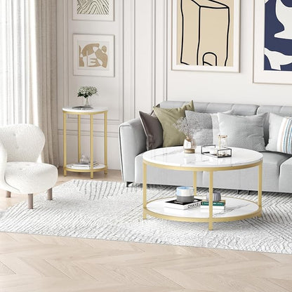 WiberWi Round Side Table, Modern Nightstand End Table with Gold Metal Frame &Faux Marble Top, Accent Bedside Table for Living Room Bedroom Small Spaces with Storage Open Shelf, White