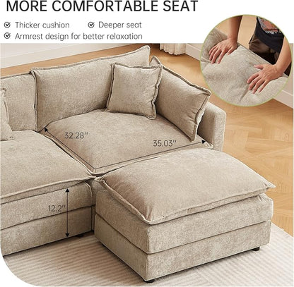 Modular Sectional Sofa, 147.2 Inch U Shaped Couch Set with Armrests, 4-Seater Comfy Cloud Couches with Movable Ottoman for Living Room Apartment, Coffee