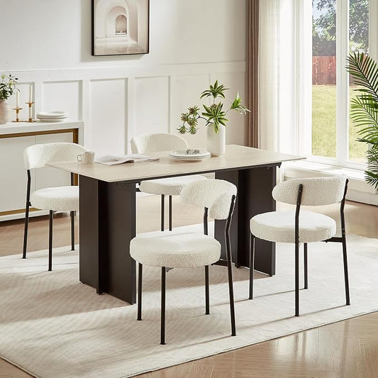 SoarFlash Dining Chairs, Beige Boucle Dining Chairs Set of 4, Kitchen Dining Room Chairs Curved Backrest Upholstered Mid Century Modern Chairs with Black Metal Legs
