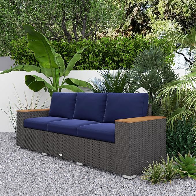 Outsunny 3-Seat Outdoor Patio Sofa with 24.5" Extra Wide Deep Seats, PE Wicker Sofa with Wide Wood Effect Armrests and 4" Cushions, Rattan Outdoor Couch for Porch, Garden, Poolside, Navy Blue