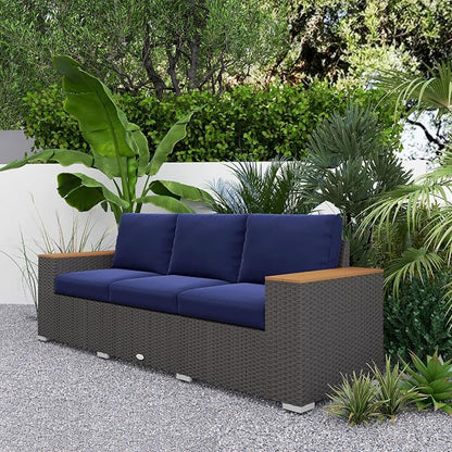 Outsunny 3-Seat Outdoor Patio Sofa with 24.5" Extra Wide Deep Seats, PE Wicker Sofa with Wide Wood Effect Armrests and 4" Cushions, Rattan Outdoor Couch for Porch, Garden, Poolside, Navy Blue