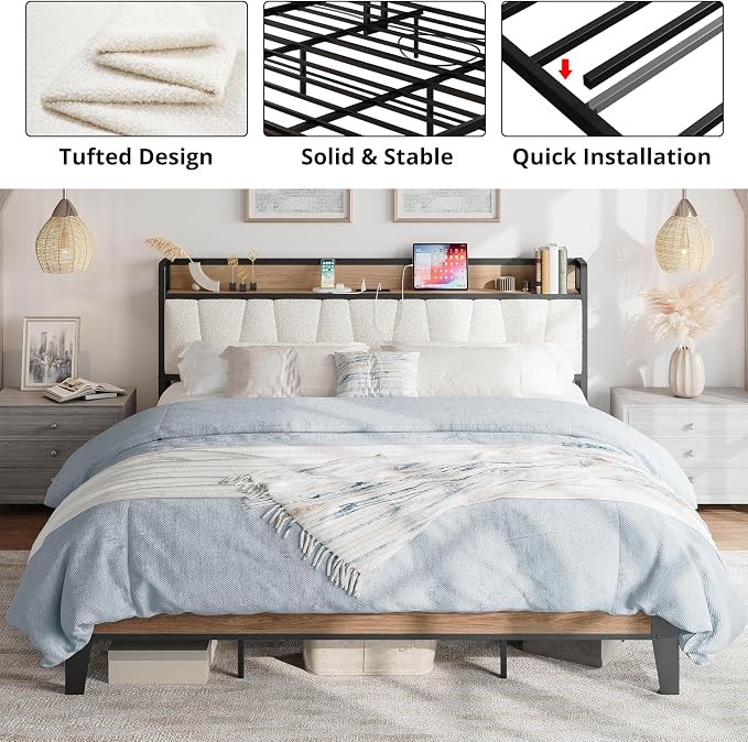 LIKIMIO California King Bed Frames, Storage Headboard with Charging Station, Solid and Stable, Noise Free, No Box Spring Needed, Easy Assembly, Wood and Cream
