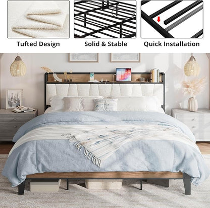 LIKIMIO California King Bed Frames, Storage Headboard with Charging Station, Solid and Stable, Noise Free, No Box Spring Needed, Easy Assembly, Wood and Cream