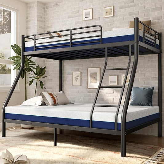 Bunk Beds Twin Over Full Size with 6'' Mattresses Included, Heavy Duty Metal Bunk Bed Frame with Angled Ladder for Teens and Adults, for Spaces-Saving, Smooth Rounded Edges, Black